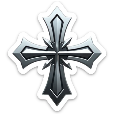 Emoji, dark futuristic cross, symmetrical geometric shape, black metal, gothic cyber aesthetic, minimal flat design, sharp edges, centered, transparent background do not use any other colors but metal and black sticker