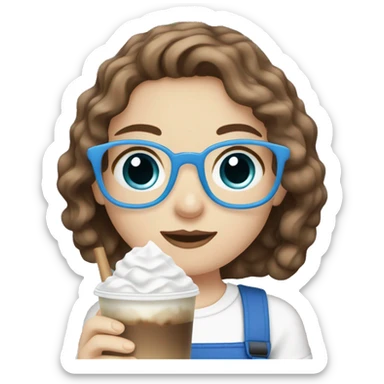 Pale skin girl with brown wavy hair and blue eyes drinking ice latte  sticker
