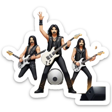 Icon for Heavy Metal: a metal band on stage, with electric guitars, drums, and a powerful vocalist. The atmosphere is intense with flashing lights, music notes, and a crowd of fans. The design should capture the energy and power of a live heavy metal performance. Transparent background. sticker