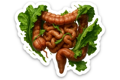 foglie di insalata che attaccano un intestino anatomico umano per distruggerlo, iperrealistico sticker