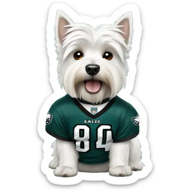 Westie wearing a Philadelphia eagles jersey sticker