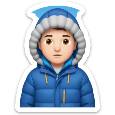 A man sitting on a chair, wearing a puffed coat with hood, hands in his pocket, freezing in the winter sticker