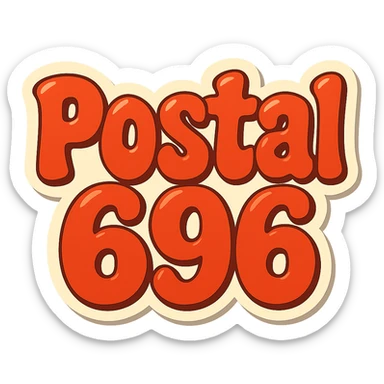 Change the text to 'Postal 696' in the same extra puffy, shiny orange and red bubble letter style, whimsical and lighthearted. Keep the background transparent. sticker