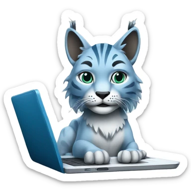 A blue lynx with a laptop sticker