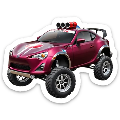 Extended wheelbase 2013 scion fr-s dark black cherry off road 4wd monster Baja dessert stadium racer number 86 with long travel suspension, shiny silver wheels, exaggerated black fender flares made out of Pepsi cans  sticker