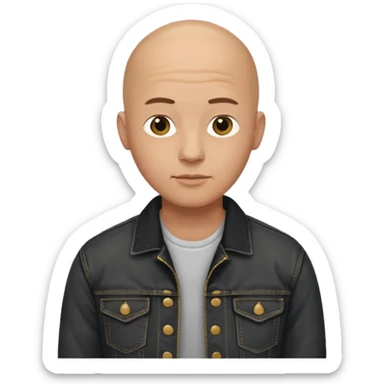  a man with bald head, black jeans jacket sticker