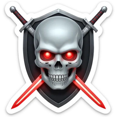 Sci-fi shield badge, terminator style skull, glowing red eyes, crossed futuristic sword energy, starwars light sable, no background sticker