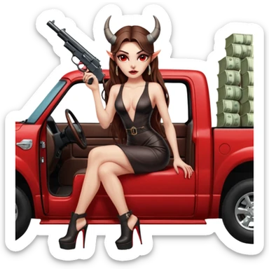 Lilith symbol red eye seductress evil long brown haired sexy succubus woman with leather long dress with slit on, sitting in Big Large F350 pickup truck. Platform long high heels on feet. Back seat full of stacks of cash, she is  Holding a man dead human skull of her enemies and a gun in other hand sticker