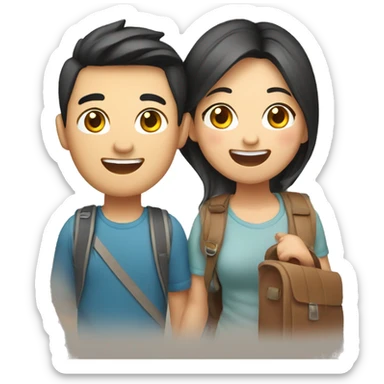 Cute young  Asian couple excitedly traveling  sticker