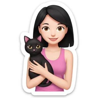 pretty woman with black hair and brown eyes, wearing a pink tank top, holding a black cat, smiling sticker
