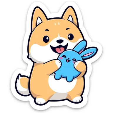 chubby black shiba inu with blue bunny plush in mouth, happy expression, cheese scent implied, cartoon sticker style sticker