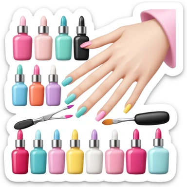 Minimalist nail art sticker pack featuring a cute female nail artist, nail tools like brushes and files, colorful nail polish bottles, small decorated nails, simple and clean design, pastel colors, kawaii style, delicate and charming, high-resolution, perfect for nail stickers sticker