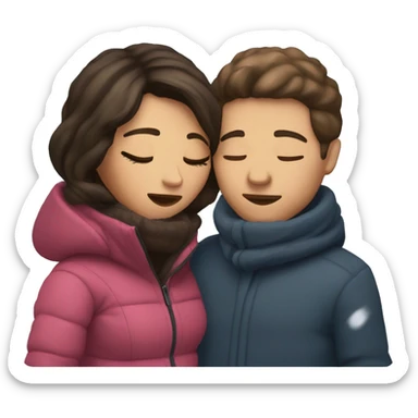 couple kissing outdoors in winter both brunette with eyes closed sticker