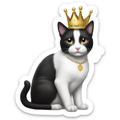 black and white cat sitting and wearing a crown sticker