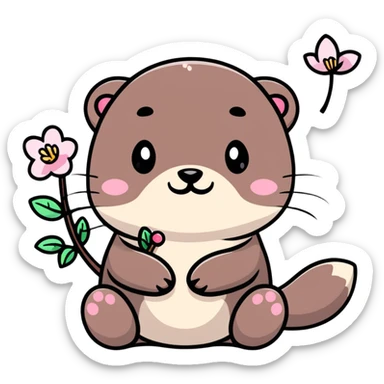 cute otter holding a cherry blossom flower sticker
