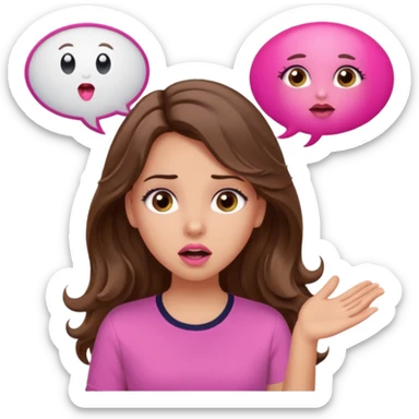 girl with long wavy brown hair, brown eyes, light to medium complexion, in a pink shirt, pink lips, long lashes, surprised, wow speech bubble sticker