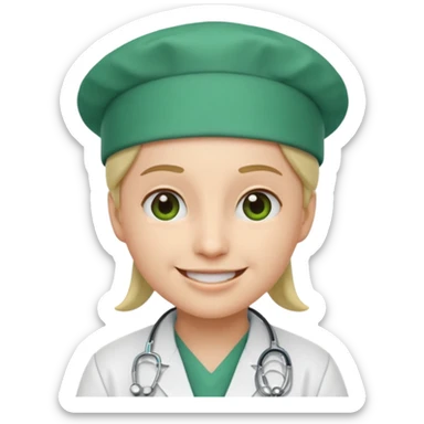 smiling emoji with a doctor's white coat and green surgical cap sticker