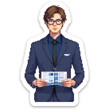 Flat pixel art, focused and reserved male architect, American, Caucasian features, short sleek brown hair, wearing glasses, wearing a deep indigo suit jacket over a black shirt, holding a blue print, waist-up, front-facing sticker