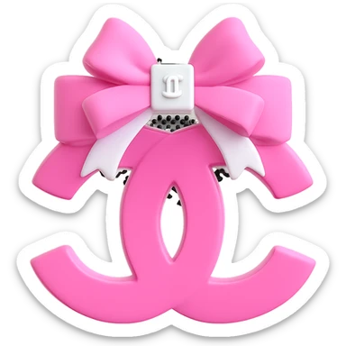 Make the Chanel logo small and white on the pink and white bow, keep it glossy, 3D emoji style, with no background. The style should resemble a 3D emoji with a glossy finish. sticker