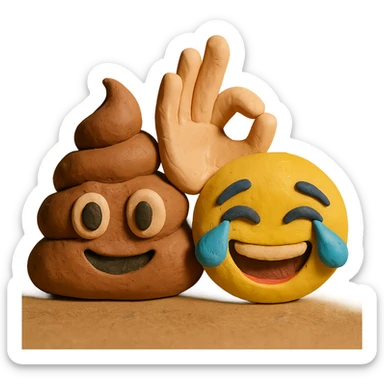 merged emoji of poop emoji, OK hand emoji with light skin tone, and face with tears of joy emoji in claymation style, all features present sticker