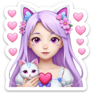 female anime character with pink eyes long white hair periwinkle highlights and cat ears on her head. She is wearing a white dress with purple flowers and butterfly. holding a heart sticker