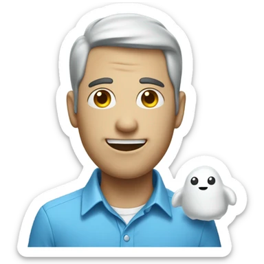 Ghost with a blue collared shirt on and a camera around his neck sticker