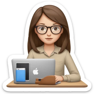 Girl in glasses,brown long hair, beige shirt, sitting with gray MacBook sticker