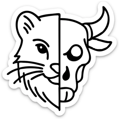 a red minimalist icon with sophisticated line art showing left half of stoat face with detailed fur merged with right half of minotaur skull with broken horn and glowing eye, no letter included, just the two halves meeting in the middle with precise detailed lines sticker