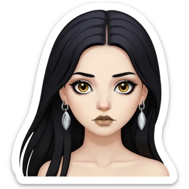 woman with long black hair dark makeup pale skin and black eyes right eyebrow piercing and left lip piercing  sticker