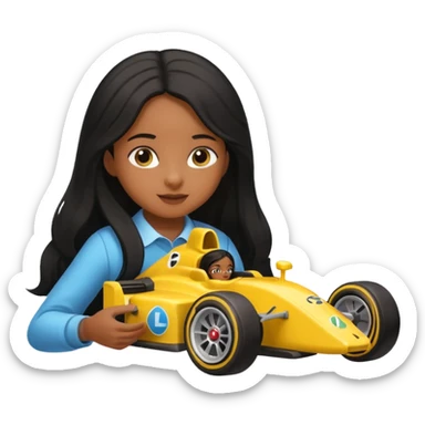  long black haired black girl kid playing yellow colored formula 1 car toy sticker