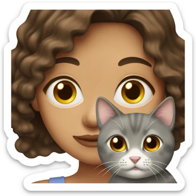 pretty wavy brunette woman with brown eyes holding grey cat sticker