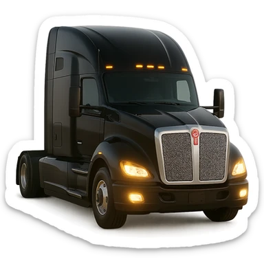 Realistic style close-up of a 2025 Kenworth T680 truck in black, 45-degree front angle, headlights on, no background. sticker