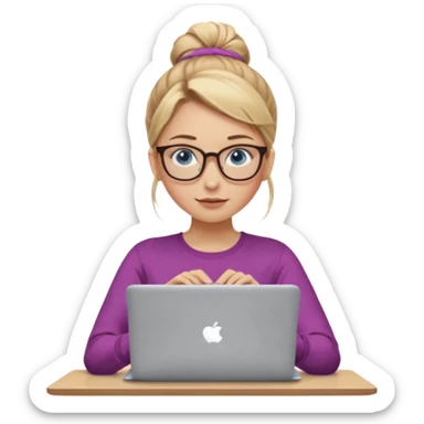 girl, dirty blonde hair, a bun, blue eyes, glasses, brown longsleeve, a laptop. upper body. sticker