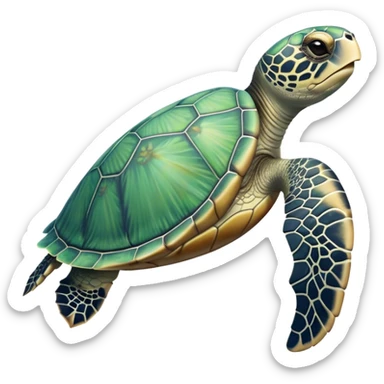 Cinematic Realistic Cute Sea Turtle Portrait Emoji, Head tilted playfully and inquisitively, featuring a compact, gentle form with a beautifully detailed shell adorned with natural patterns and a soft, expressive face with sparkling eyes, rendered with realistic textures and warm ambient light; high shine, affectionate and spirited, styled with a touch of marine whimsy, soft glowing outline, capturing the essence of a mischievous yet lovable sea turtle that seems ready to swim playfully into your arms! sticker