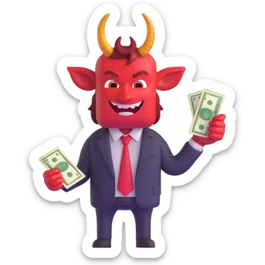 red devil with horns in business suit counting cash with greedy expression sticker