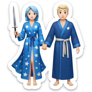 An upright Europe (a tall woman), wearing a blue, flowing robe with stars on the hem. In the background stands a man, with a knife
He has to stand behind her. the top of the knife to her back sticker
