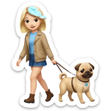 haz una chica rubia paseando a su perro pug sticker