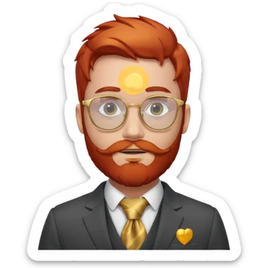 gray scarf, male,  beard, red hair, with suit, gold glasses sticker