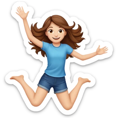 Girl with long brown hair happy jumping in the air with sunbeams in the background  sticker
