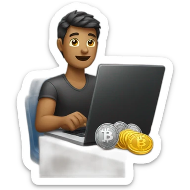 Men with laptop and crypto coin sticker