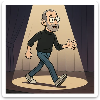 Steve Jobs walking on stage under spotlight, energetic atmosphere, modern illustration style sticker