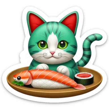 emoji di un gatto che tiene del sushi in mano, è verde con gli occhi azzurri ed un papillon rosso sticker