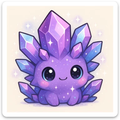kawaii style crystal sprite creature, mostly purple with blue and pink accents, big eyes, sparkly sticker