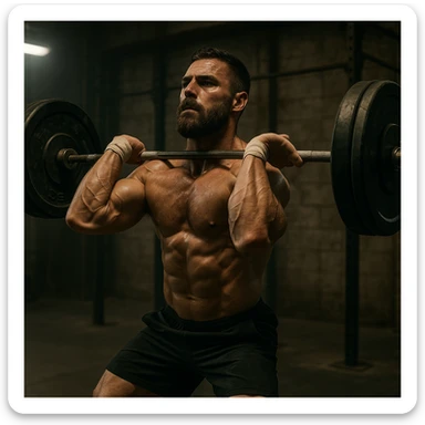 realistic 4K image of a CrossFit athlete training, weightlifting scene, muscular details, dramatic lighting, industrial gym background, powerful atmosphere sticker