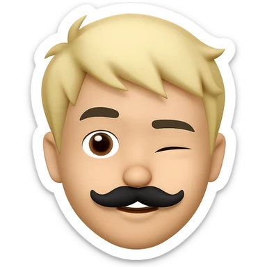 Make the mustache smaller, keep short messy blond hair, emoji style, preserve transparent background, winking. The style should resemble apple style emojis with concise prompt focus. sticker