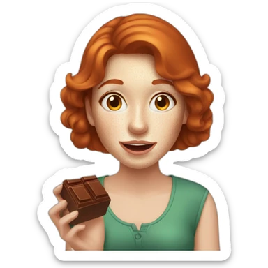 redhead woman with freckle eats chocolate sticker