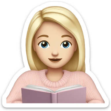 Pretty blue eyed white girl with light pink sweater reading cozy sticker
