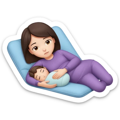  a brunette girl lying down on her side, holding a warm heating pad against her lower belly. She's uncomfortable and sad, her posture should show she’s having bellyache. Use simple lines, rounded shapes, soft colors, and a clean emoji aesthetic. Make it expressive but still adorable sticker