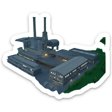 a military industrial building from an overhead view in a foreign country in the style of dark realism sticker