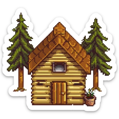 wooden cabin in forest clearing with small garden sticker